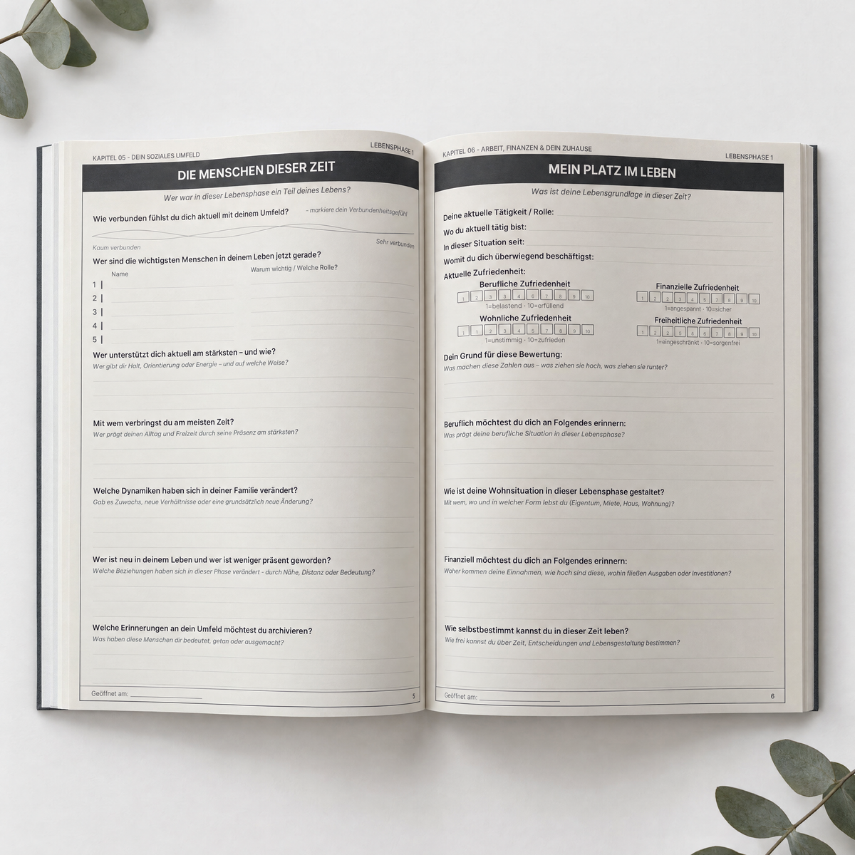 Innenseiten der MINDCRAFTED® ZEITKAPSEL mit Fragen zur Selbstreflexion