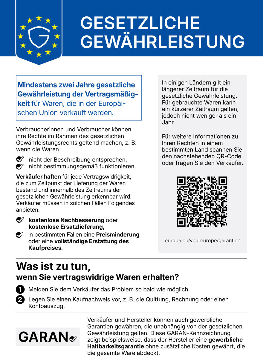Harmonisierte Mitteilung der EU über deine gesetzlichen Gewährleistungsrechte: mindestens 2 Jahre gesetzliche Gewährleistung