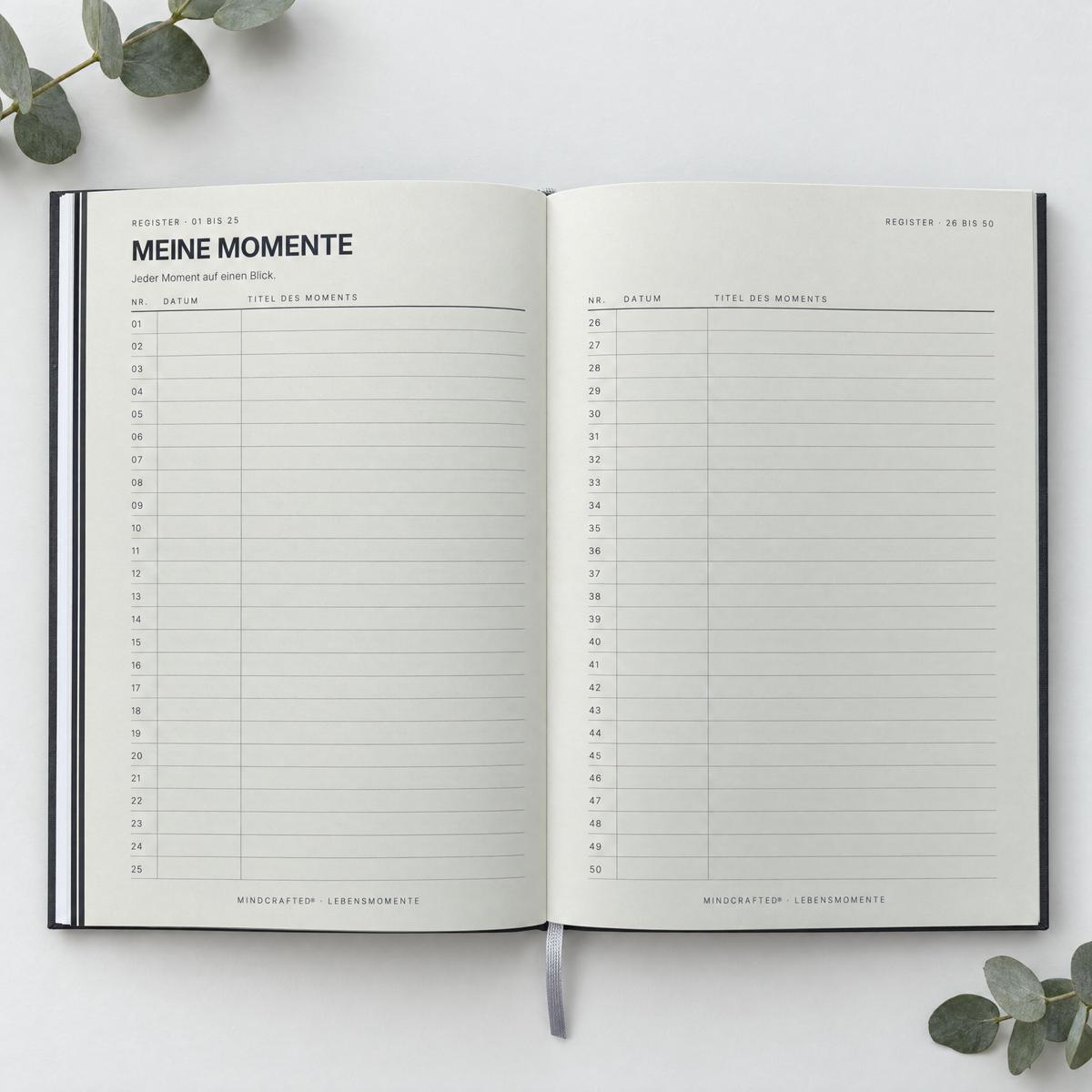 Register „Meine Momente“ mit 50 Einträgen für Datum und Titel